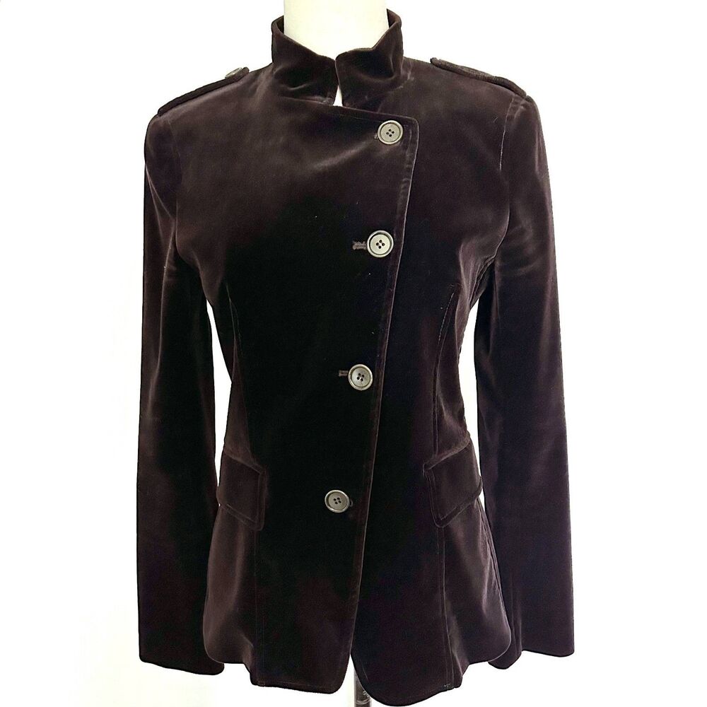 Theory Womens 6 Stretch Velvet Blazer Brown Riding Asymmetric Button Front Luxe